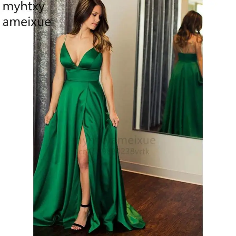 

Sexy Emerald Green Prom Custom Evening Dresses V-neck High Slit Floor Length Simple Satin Festaparty Robe De Soiree