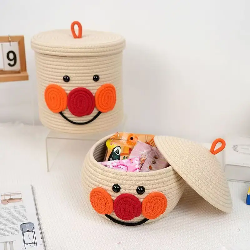 Фото Корзина для хранения Anpanman из хлопковой веревки ручной работы с крышкой: настольный органайзер для закусок, косметики, мелочей, одежды №2