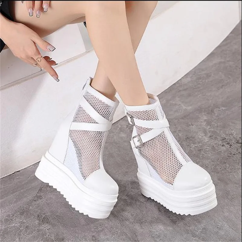 

Platform high heel mesh breathable shoes 14CM muffin thick soled belt buckle cool boots waterproof platform inside elevating sin