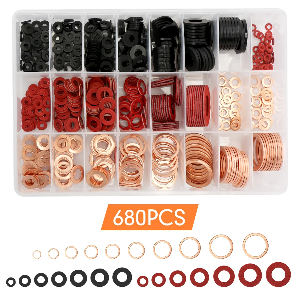 

680pcs Copper washers Nylon washers Red paper fibre washers gasket kit