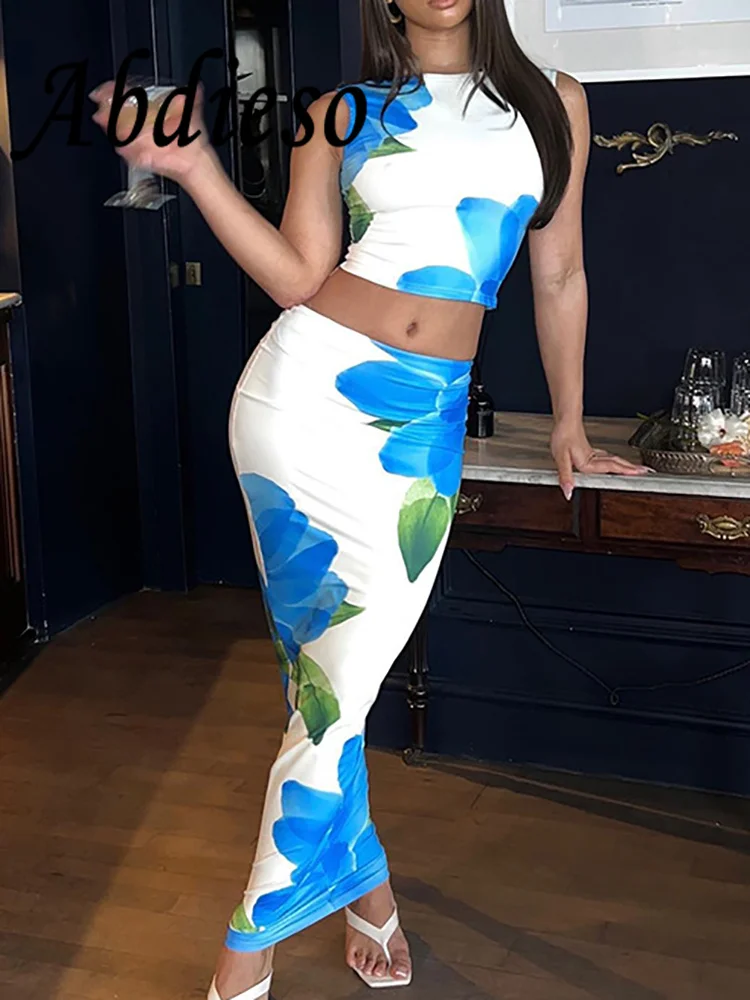 

Abdieso 2023 Summer Floral Print Party Two Piece Sets Women Beach Outfits Fashion Sleeveless Top And Long Skirt Matching Sets