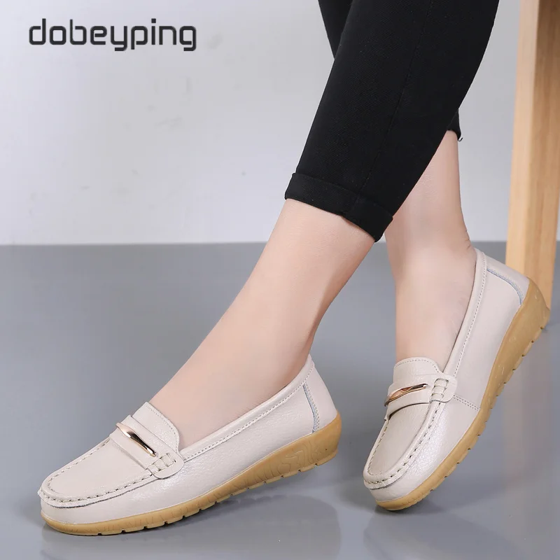 New Genuine Leather Casual Shoes Woman Slip On Women's Flats Moccasins Ladies Loafers Spring Autumn Mother Shoe Big Size 35-44