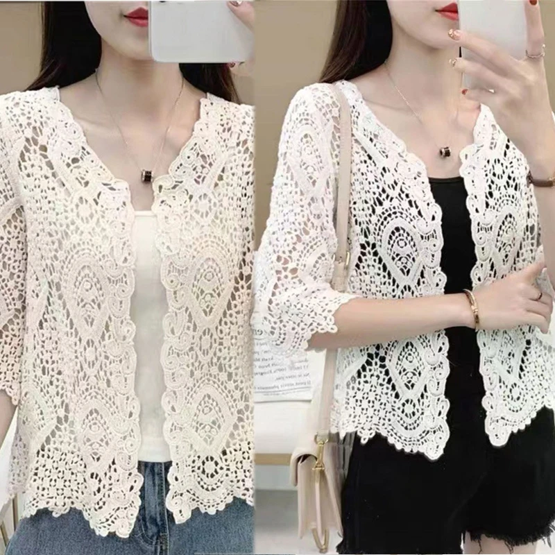 

Women Knit Lace Shrug Hollow Crochet Floral 3/4 Sleeve Open Front Crop Cardigan 57BD