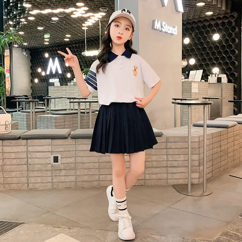 

Children Girl Clothes Summer Set Teenage Girls Pleated Skirt + Short Sleeve T-shirt 2Pcs Sets Jk Princess Skirt Korean 3-12Years