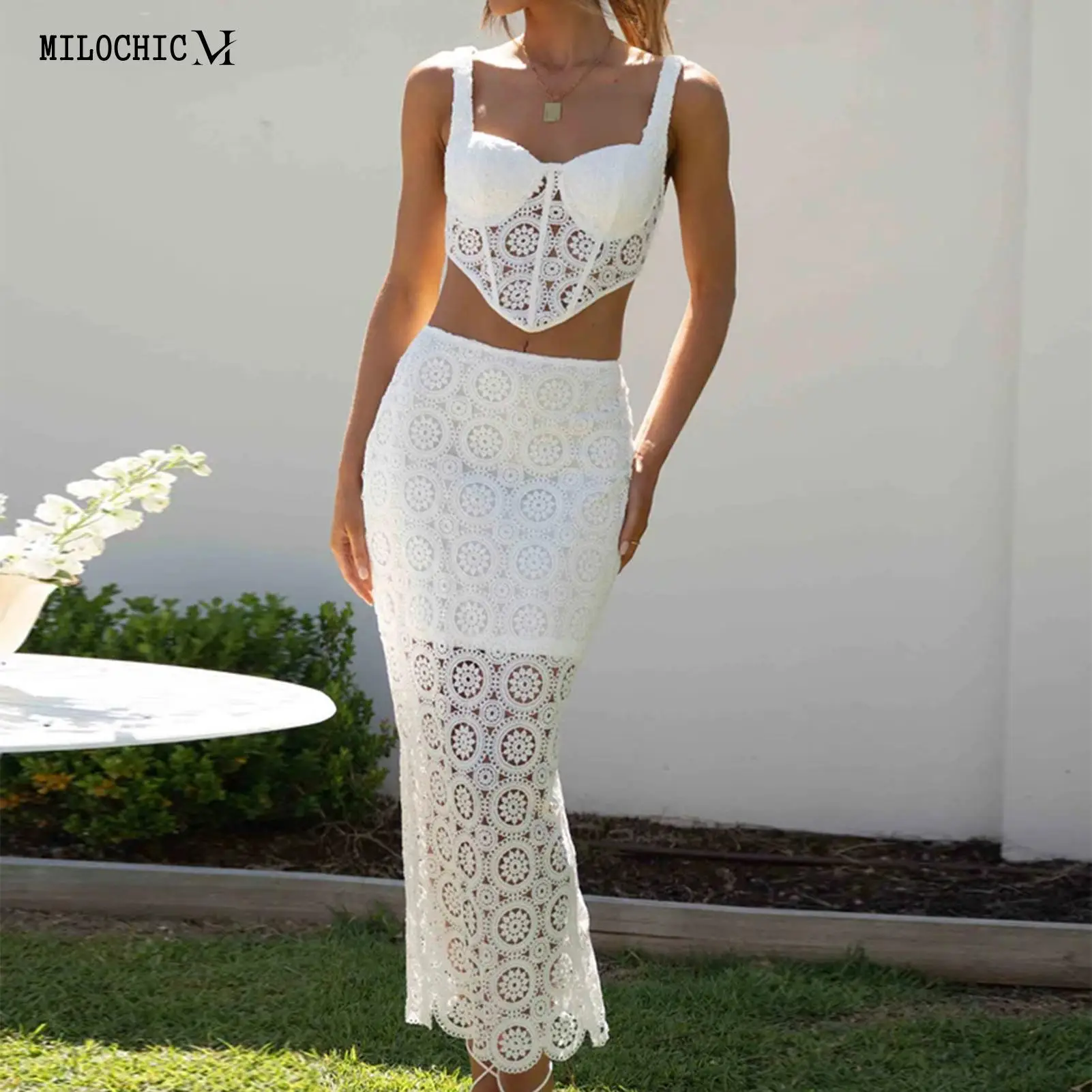 

Women Vest Tops And Maxi Skirts Sleeveless Hollow Out Tank Top+Bodycon Skirt 2pcs Fashion Casual Crochet Lace Seaside Vacation