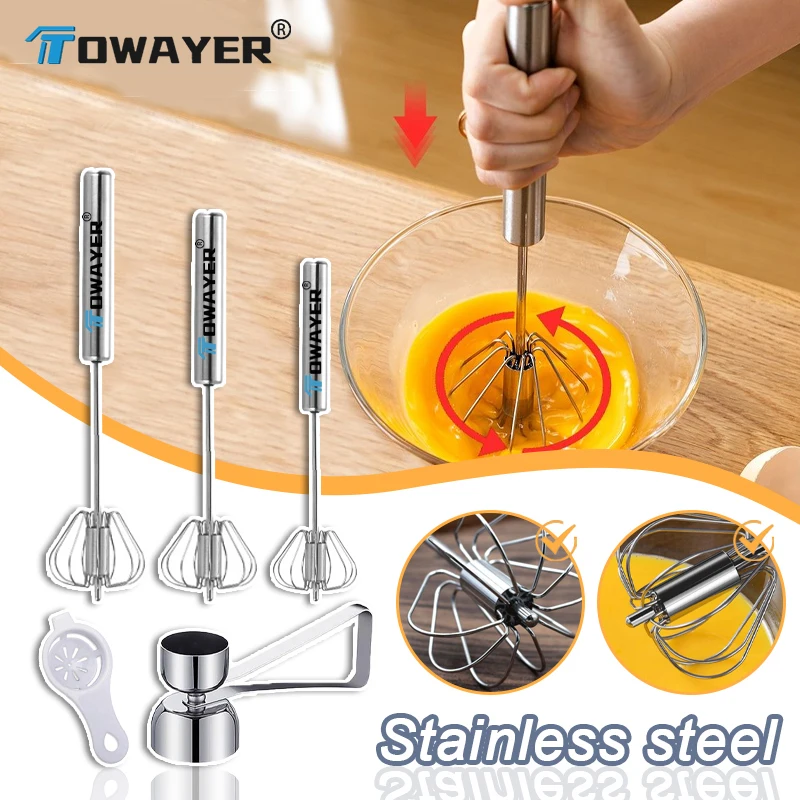 

Towayer 304 Stainless Steel Semi-automatic Egg Beater Egg Whisk Manual Hand Mixer Self Turning Egg Stirrer Kitchen Accessories