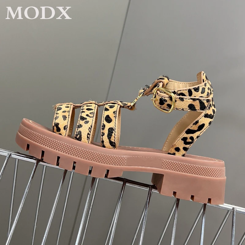 

Leopard Print Horse Hair Sandals Retro Genuine Leather Metal Decoration Rome Sandals Women Brand Platform Mixed Color Flat Shoes