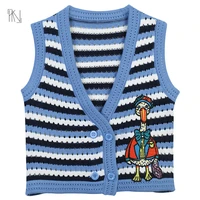 embroidered cartoon duck sleeveless vest 2022 autumn new women hollow collision colour striped college style v neck waistcoat
