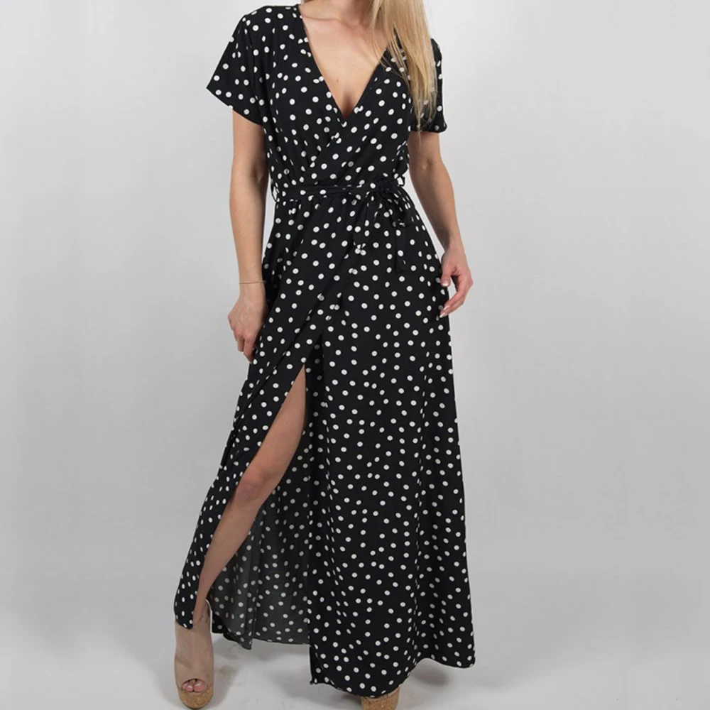 

Women Polka Dot High Split Dress Summer Sexy V-neck Beach Boho Dress Short Sleeve Sashes Maxi Long Dresses