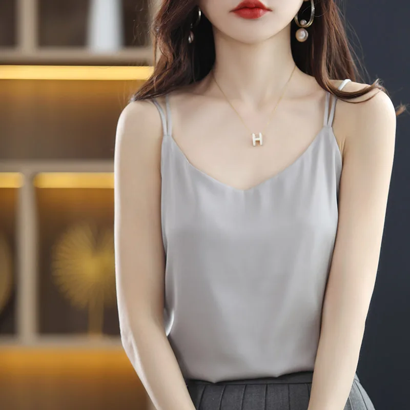 Женские блузки Летняя шелковая футболка с V-образным вырезом атласная Офисная
