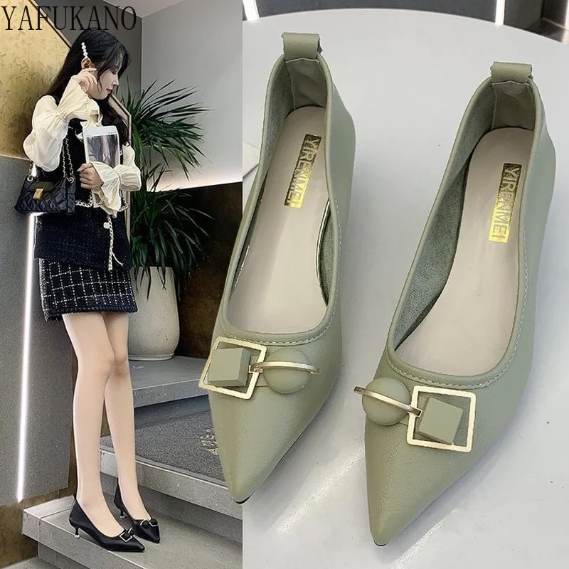

2022 New Fashion Metal Buckle Pointed Toe High Heels Womens Stiletto Single Shoes Mid Heel Casual Pumps Black Career Work Shoes