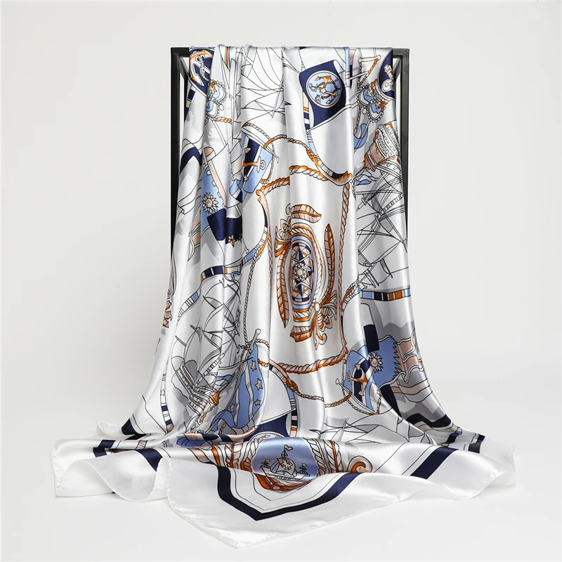 Luxury Design Square Scarf Hijab Women Satin Silk Bandana Muslim Headband Neckerchief Female Hair Band Wrap Shawls Foulard 90cm