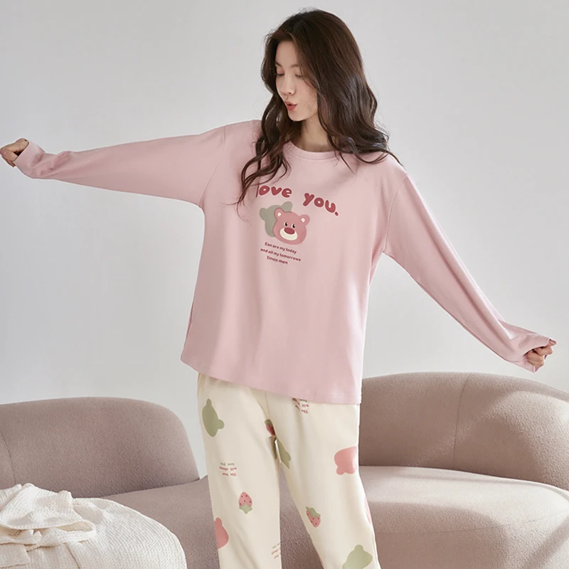 Весенняя и Осенняя пижама из 100% хлопка Женский Повседневный пижамный комплект с