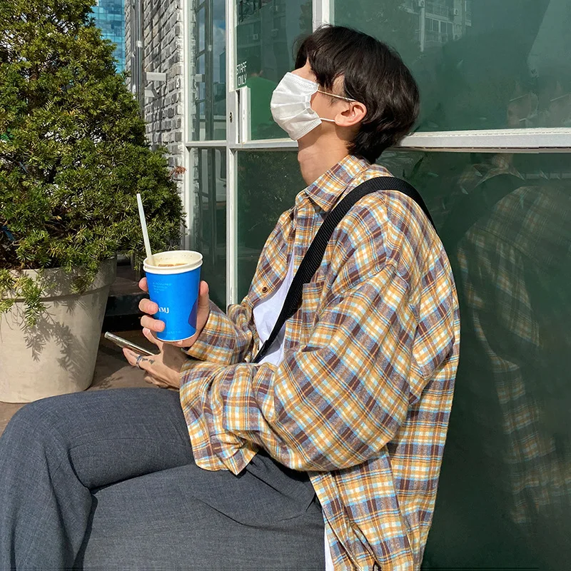 

Мужская рубашка в клетку MYQ, новая свободная повседневная рубашка большого размера в Корейском стиле, рубашка с длинным рукавом, универсальная модель 2023