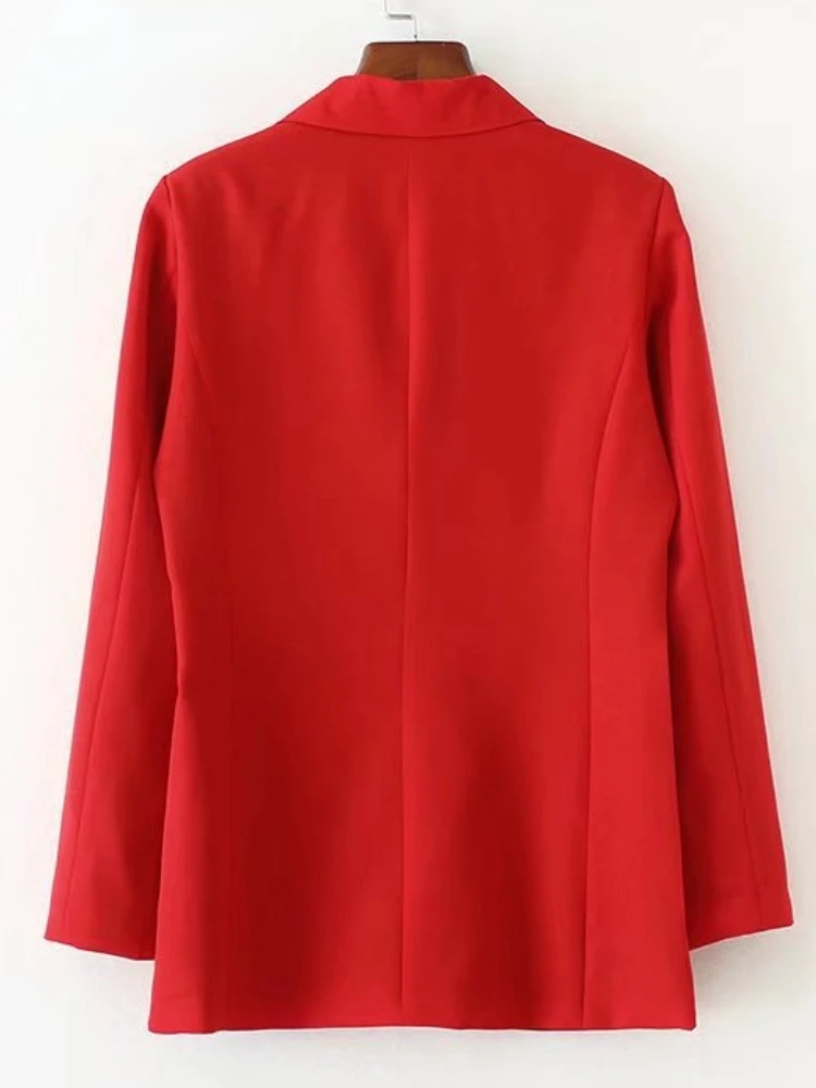 Spring Women Blazer Soild Double Breasted Red Vintage Long Sleeve Office Lady Loose Suit Coat Button Casual Outerwear Chic Tops