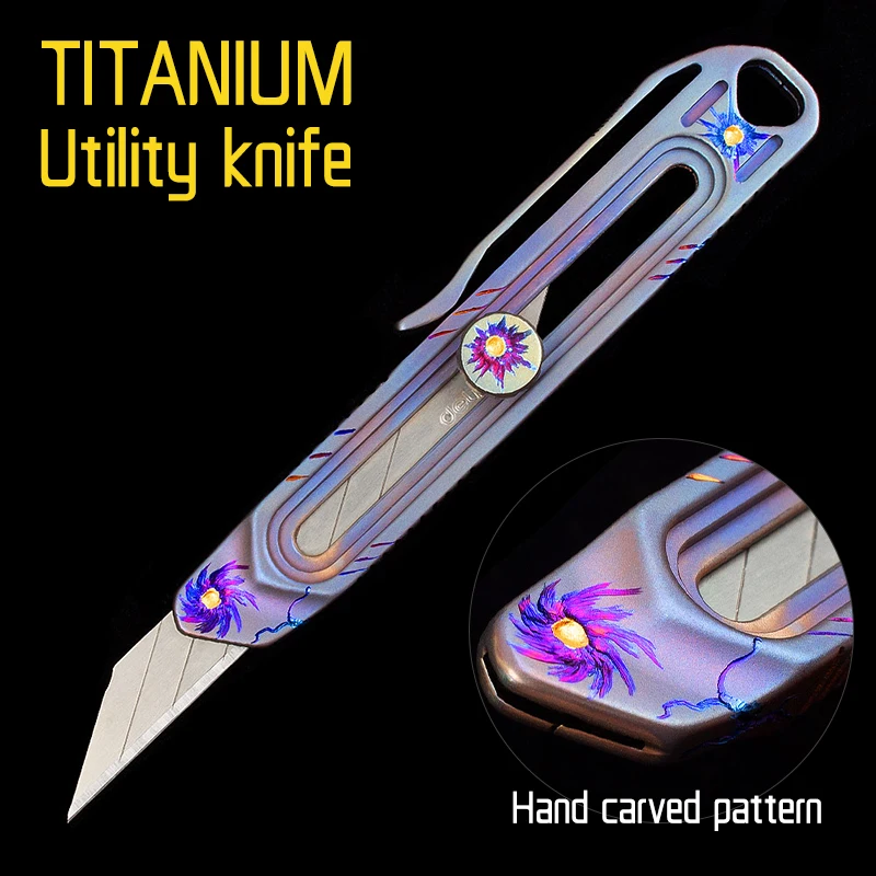 Titanium Telescopic Utility Knife Blue Hand Carved Craft Knife Collection EDC Outdoor Multifunctional Portable Tool Knife Gift