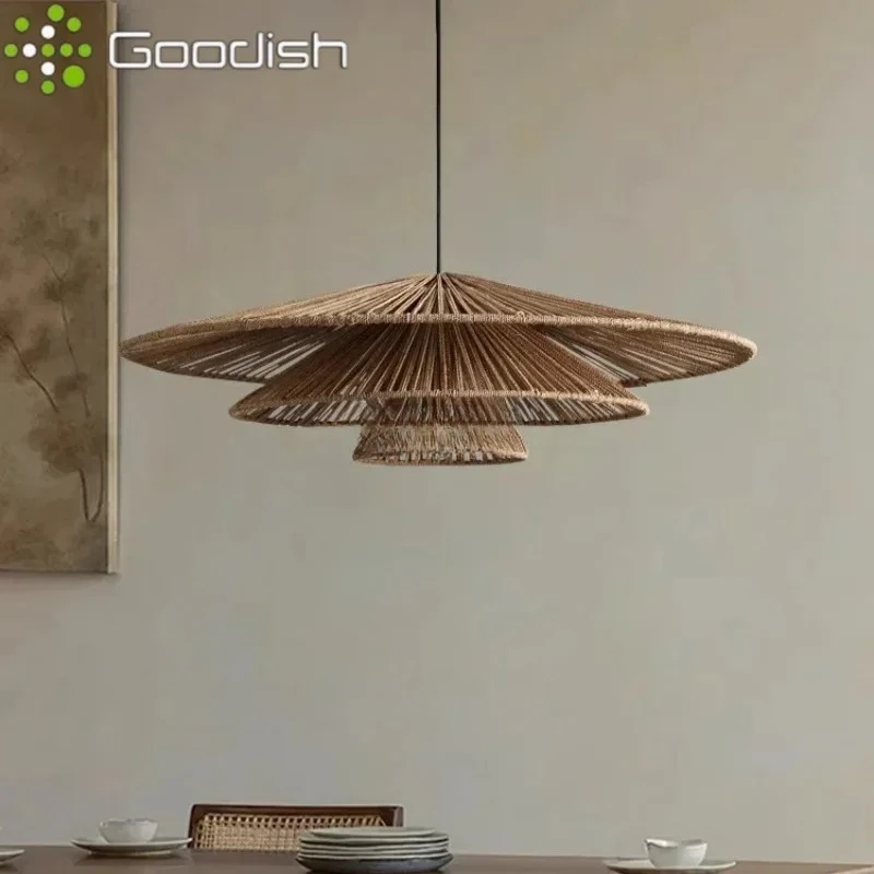 Фото Винтажные бамбуковые деревянные люстры-шляпки с LED-подсветкой, креативные светильники для спальни и домашнего декора №3