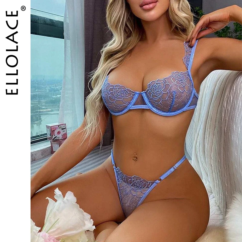 

Ellolace Fancy Lingerie Floral Embroidery Underwear Set Ruffle Strap Push Up Bras Intimate Transparent Lace Fantasy Erotic Sets