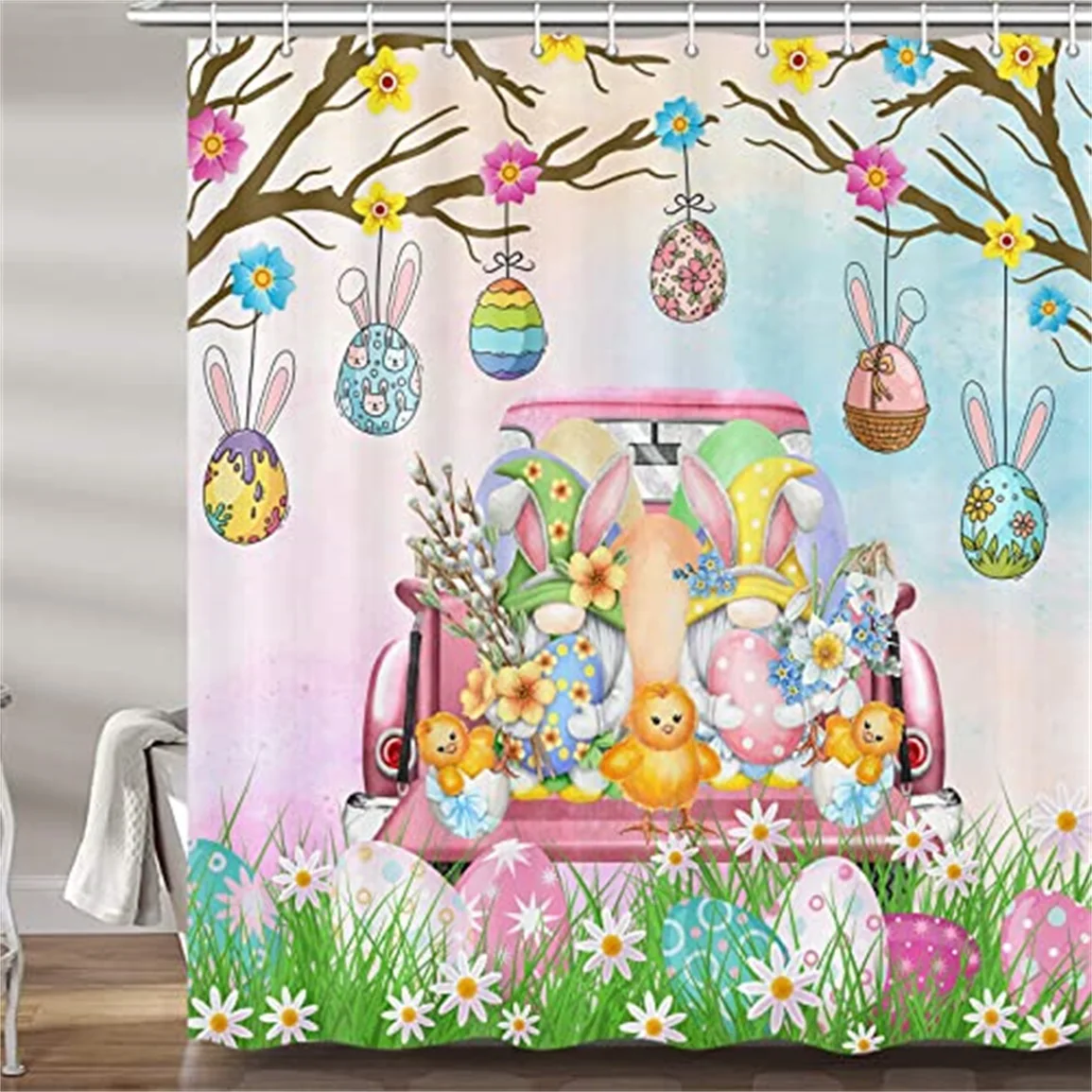 

Happy Easter Rabbit With Colorful Eggs Truck Cartoon Animal Garden Tulip Fantasy Wonderland Bath Screen Partition Bathroom Decor