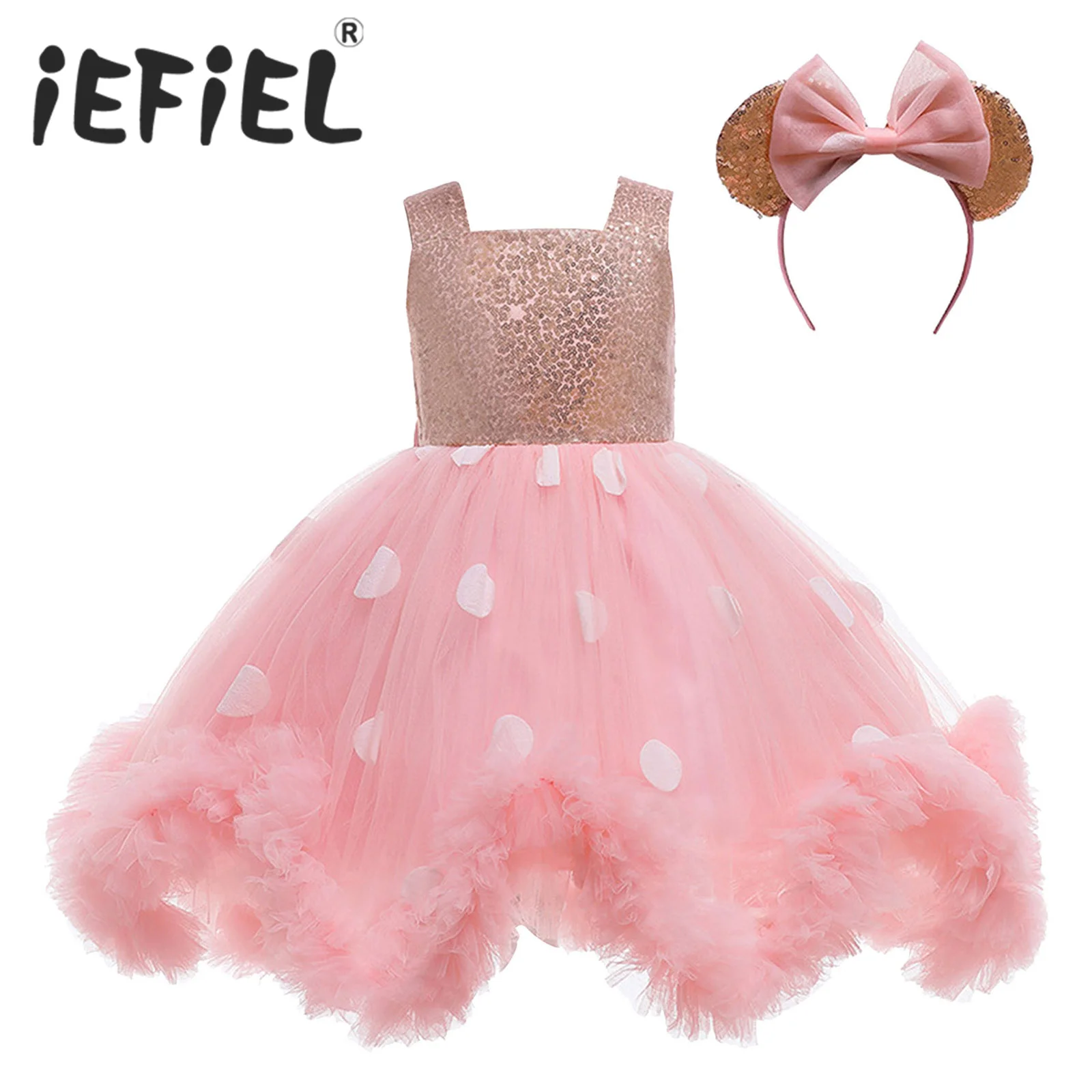 

Baby Girls Toddler Birthday Party Princess Formal Dress Sleeveless Sequins Tulle Tutu Dress with Headwear for First Communion