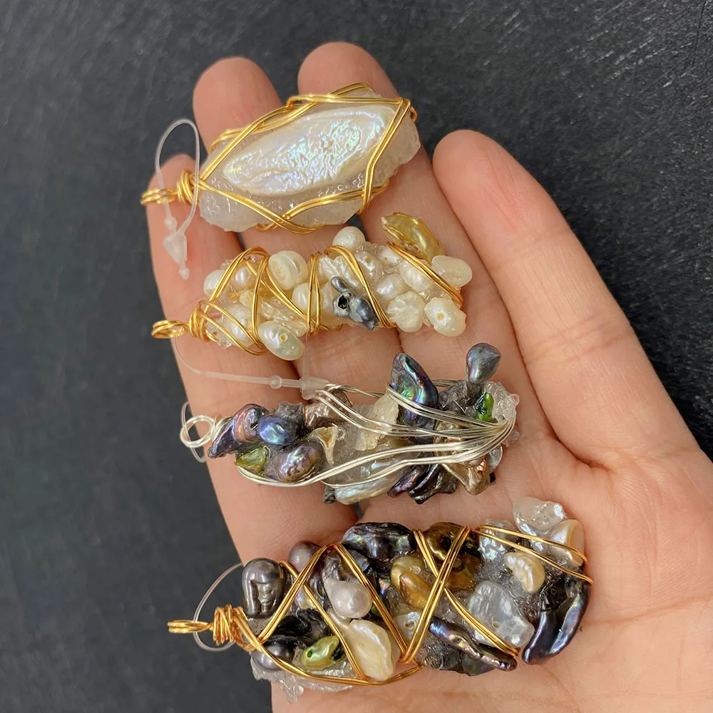 

Irregular Natural White Crystal Inlaid Beige Pearl Pendant 15-60mm Charm Jewelry Men and Women DIY Necklace Earrings Accessories