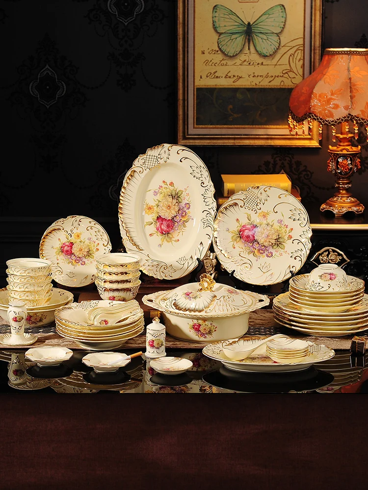 

Tableware set, dishes, bowls and plates, household European luxury, 6 persons, 10 ceramic eating bowls, chopsticks and plates