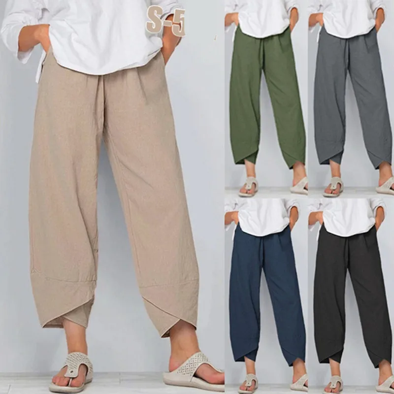

Брюки-султанки женские с эластичным поясом, винтажные хлопково-льняные штаны с широкими штанинами, повседневные однотонные свободные укор...