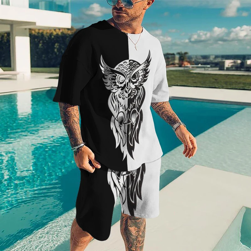 

Men's 3D Owl Print T-Shirt Short Sleeve + Shorts 2-Piece Set Harajuku Fun Personality Fashion Casual Breathable Round Neck Suit