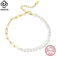 rinntin 925 sterling silver fashion pearl chunky paper clip link chain bracelet for women vintage hand chain jewelry gpb01