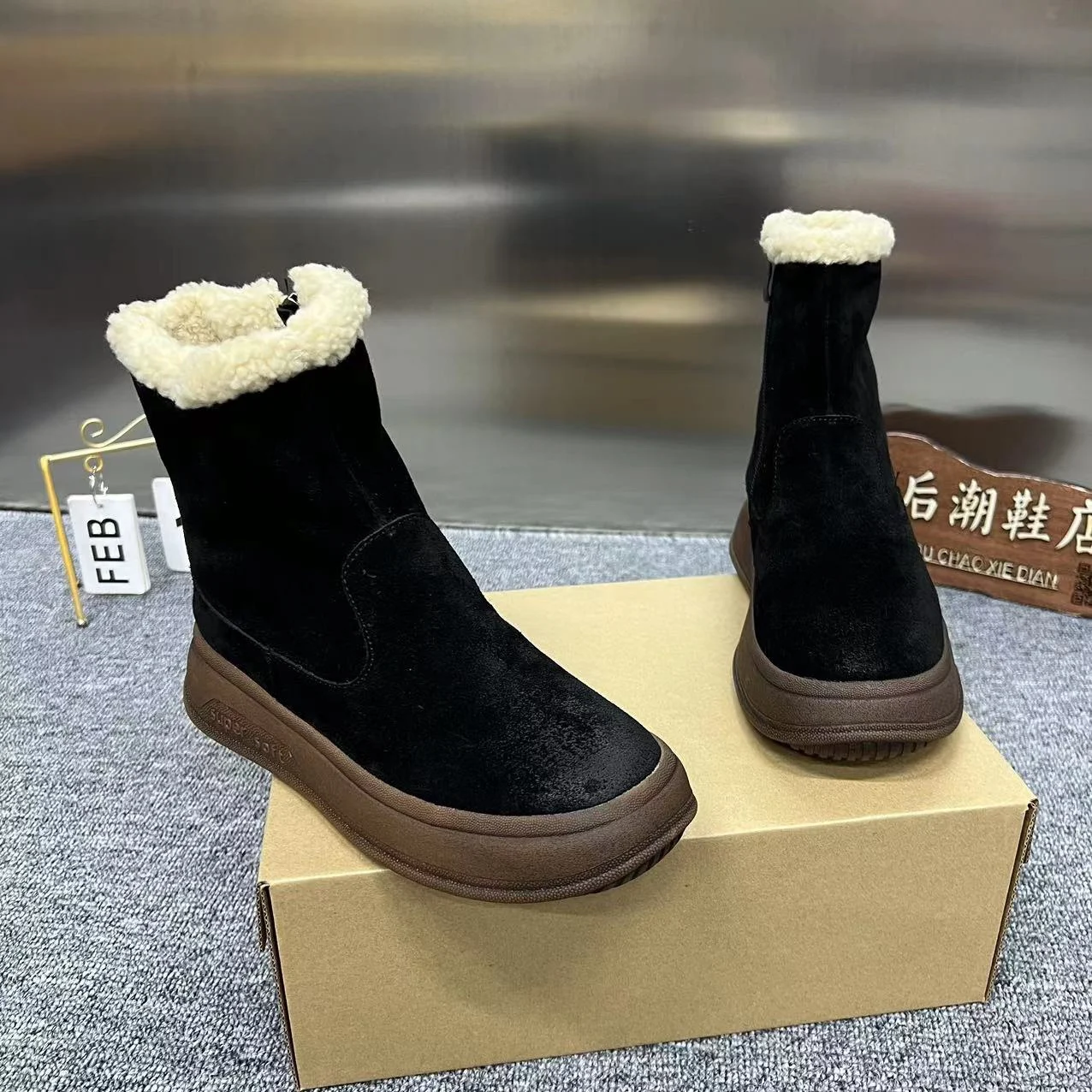 

Vintage handmade custom mid-calf boots winter plus fleece warm boots thick soles inside heightening women's 35-40