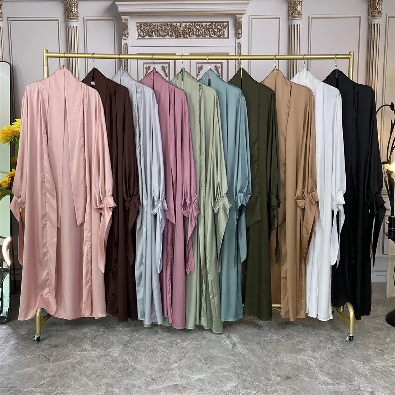 Muslim Fashion Dress Thin Satin Tie Lantern Cuff Cardigan Abaya Dubai Arabic Dress Islamic Clothing for Women Jalabiya Kaftan