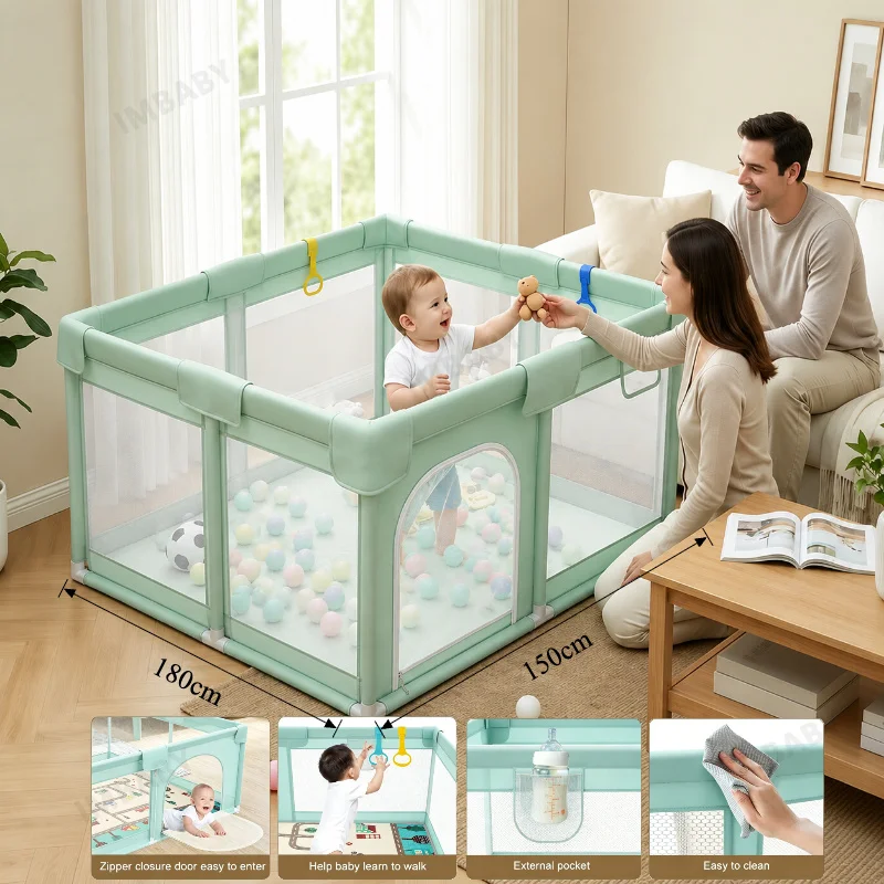 Фото Детский манеж IMBABY 150×180 см, с защитой от опрокидывания, с присосками и противоударным хлопковым наполнителем, дышащая сетчатая защитная сетка №1