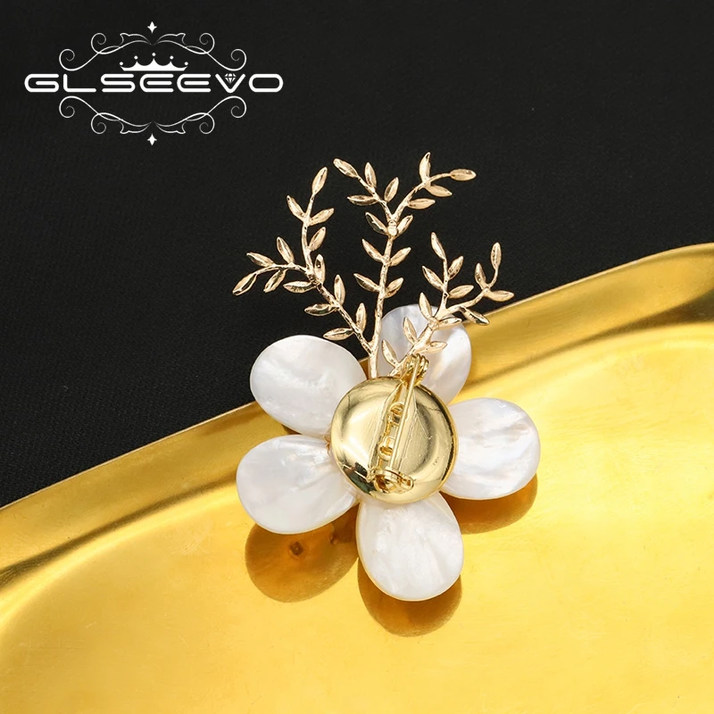 Брошь GLSEEVO с натуральными ракушками цветами и розовыми жемчужинами листьями для