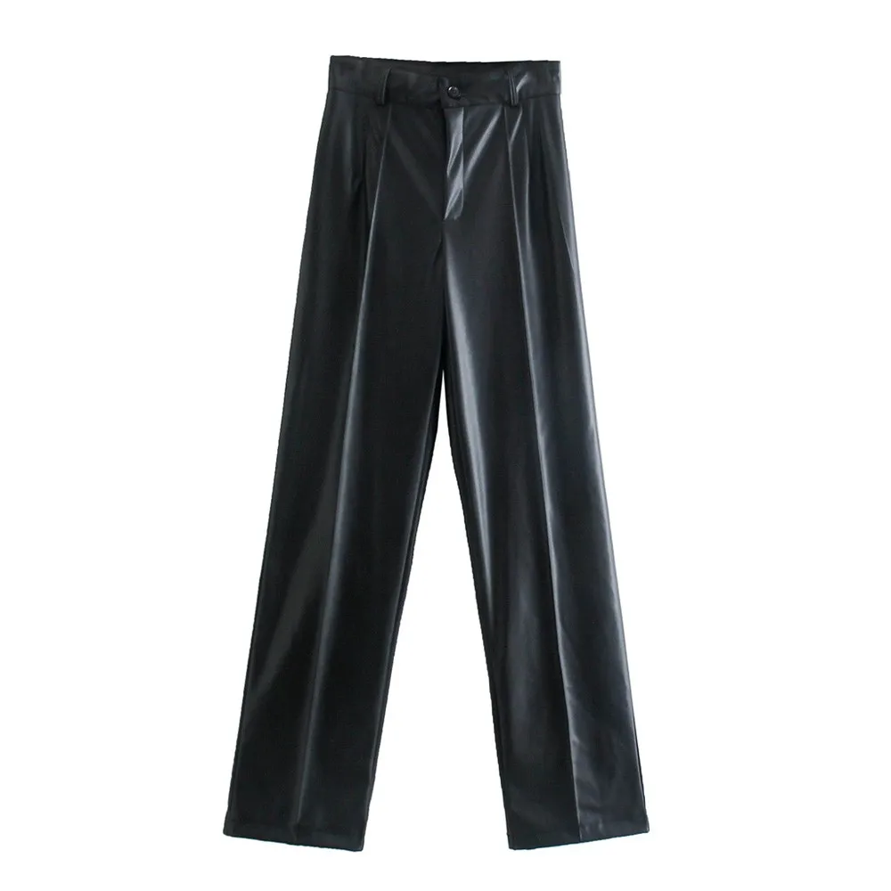 

Huaxiafan Women Fashion Faux Leather Straight Pants Vintage High Waist Zipper Fly Female Trousers Mujer