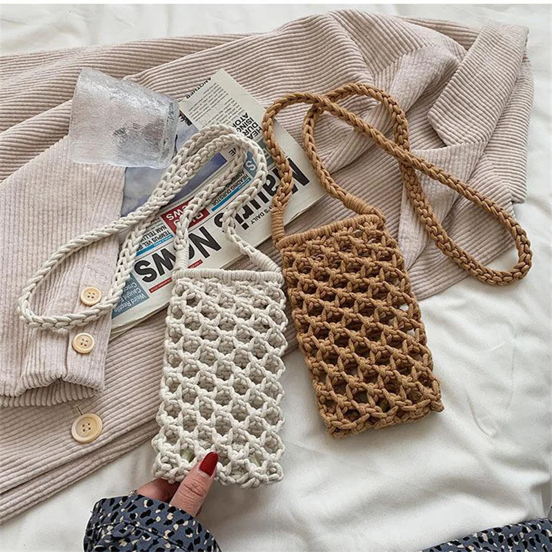 

Женская модная маленькая сумка через плечо для телефона, однотонная сумка-мессенджер, плетеная вязаная крючком легкая плетеная сумка на плечо