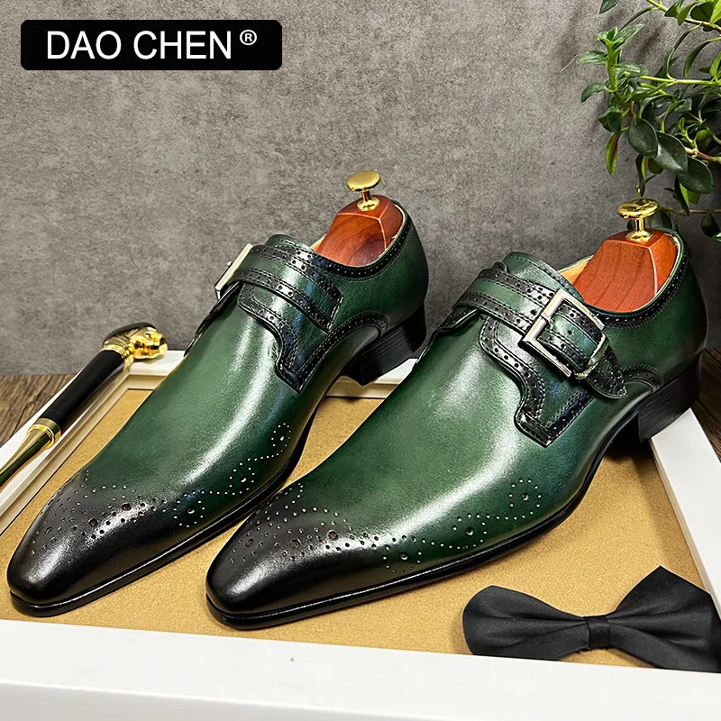 LUXURY BRAND MEN LOAFERS SHOES BUCKLE STRAP ELEGANT MENS DRESS SHOES GREEN BLACK OFFICE WEDDING GENUINE LEATHER CASUAL SHOES MEN