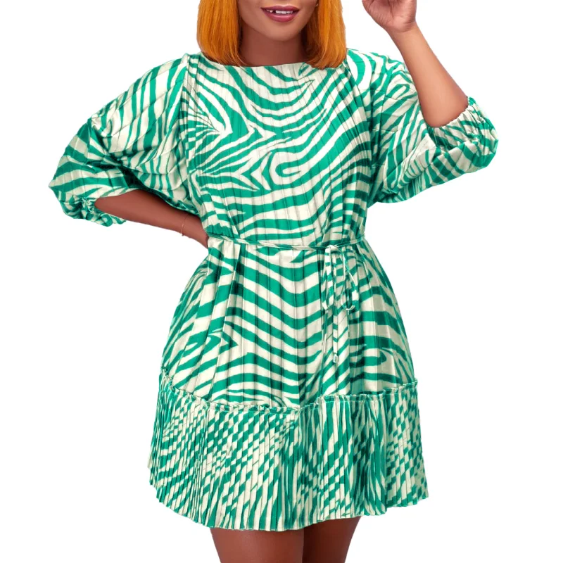 

Women Printed A Line Dress O Neck Pleated Half Sleeve with Waist Belt African Large Size Ladies Female Vintage Retro Spring 2023