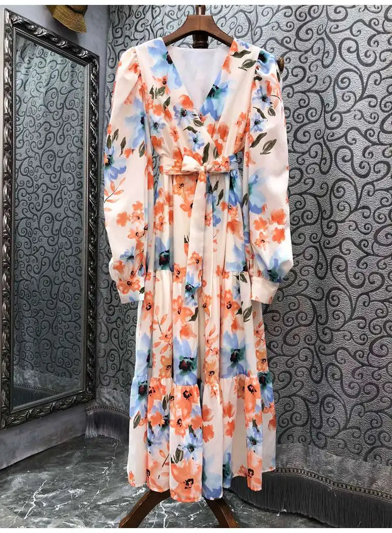 

Sexy V-Neck Long Dress 2022 Autumn Fashion Style Women Charming Floral Print Belt Deco Long Sleeve Casual Party Maxi Dress Tunic