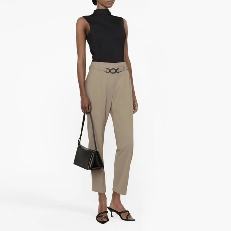 

2023 New Vintage Wool Casual Khaki Pants Women Chic Handmade Beaded Ring Belt Solid Color Pencil Pants Elegent Black Trousers