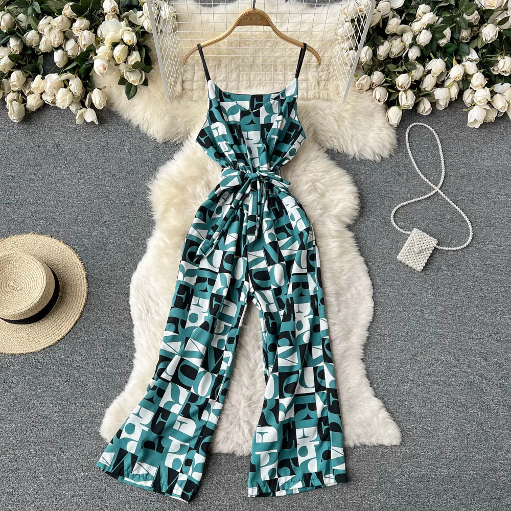 

Seaside holiday style suspender jumpsuit women's niche design print slim long wide-leg pants fashion women's pants