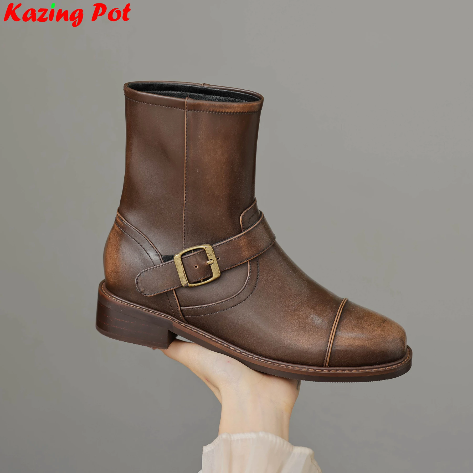 Женские мотоциклетные ботинки на среднем каблуке с ремешком и пряжкой