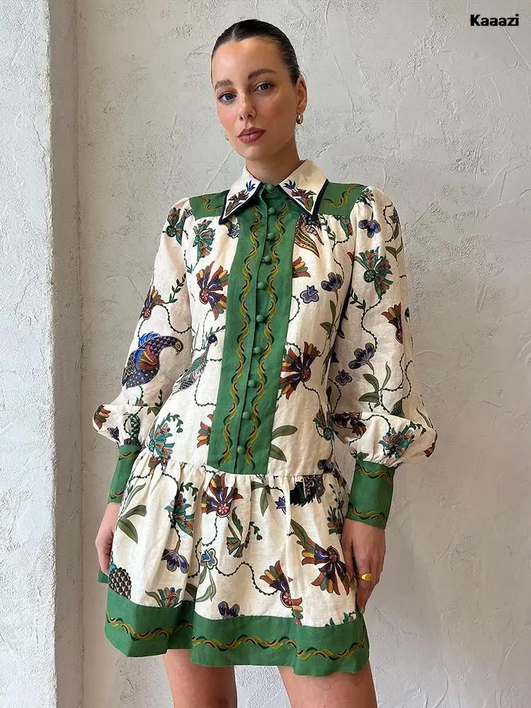 

Женское винтажное платье мини с цветочным принтом, однобортное модное платье на шнуровке с длинным рукавом-фонариком, праздничные летние свободные повседневные платья