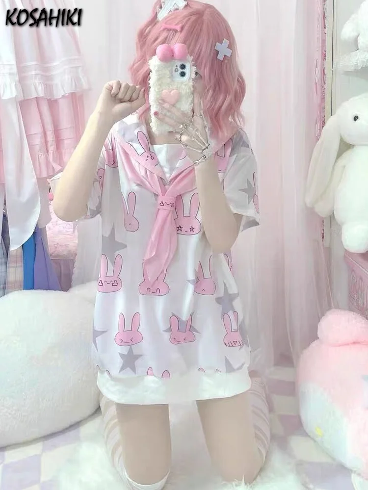 

Japanese Kawaii Solior Collar T-shirt Dress Women Y2k Aesthetic Graphic Tees Women Rabbit Print Harajuku Long Tshirts