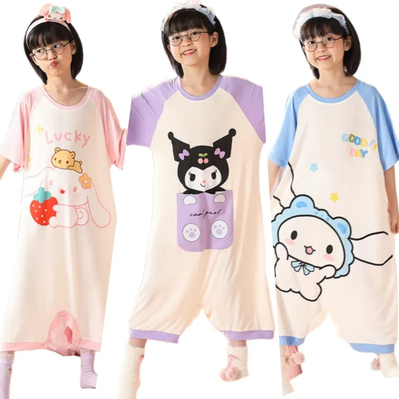 

Sanrios Kuromi Cinnamoroll Anime Kawaii Summer Modal Children's One Piece Pajamas Cartoon Cute Girl Anti Kick Home Clothes New