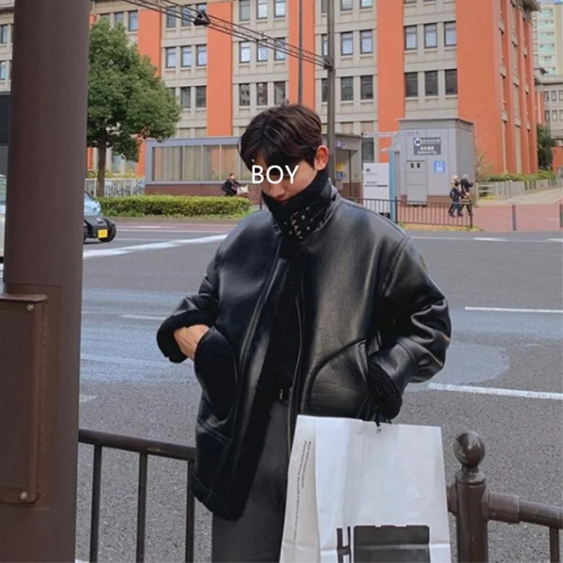 Winter Jacket Men Warm Fashion Thickened Black Leather Jacket Men Korean Loose Thick Leather Short Coat Mens Parker Clothes