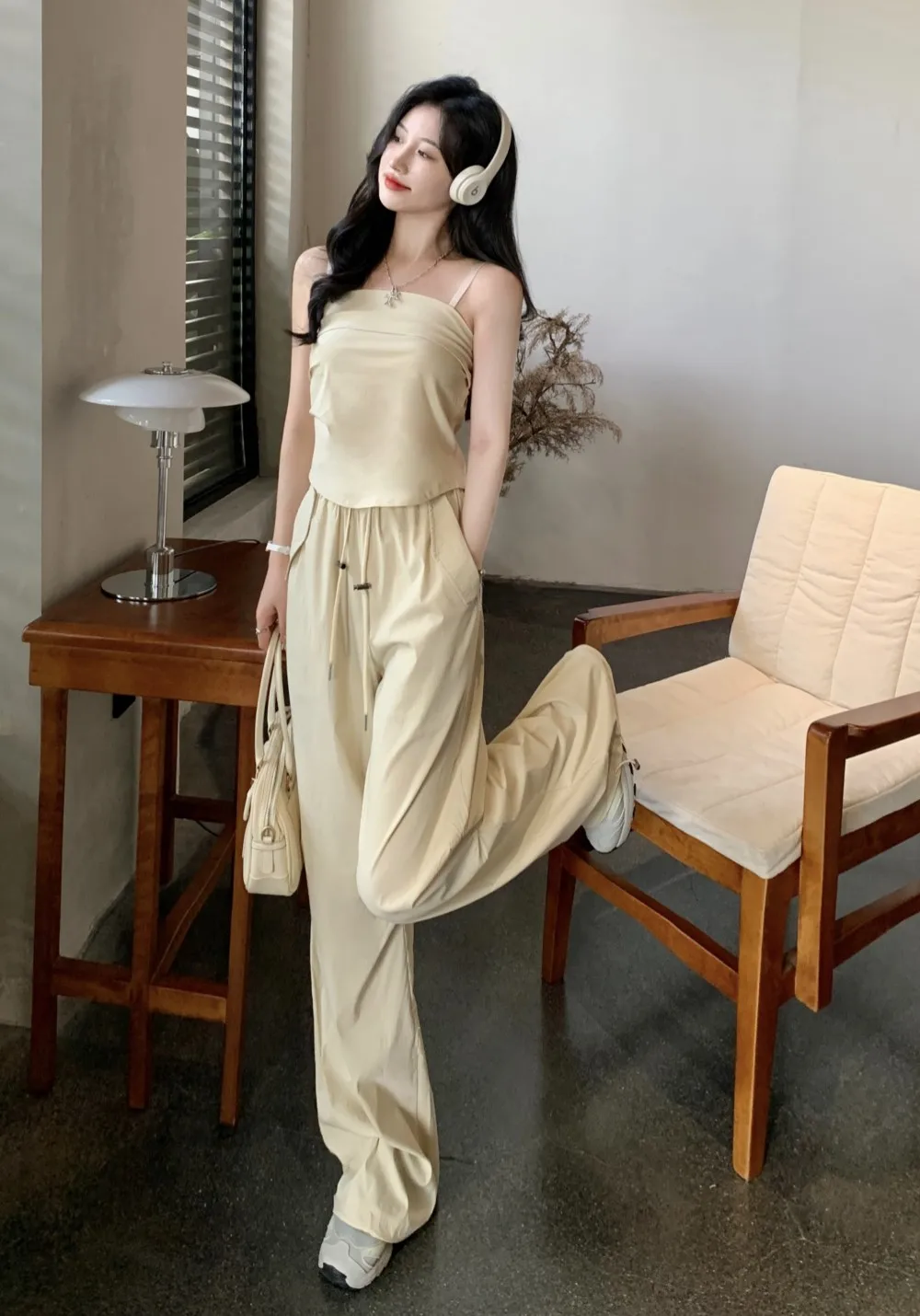 

GGB3735 Summer 2023 New Fashion Two Piece Set Slim Slim Strap Top Drawstring High Waist Work Suit Wide Leg Pants for Women