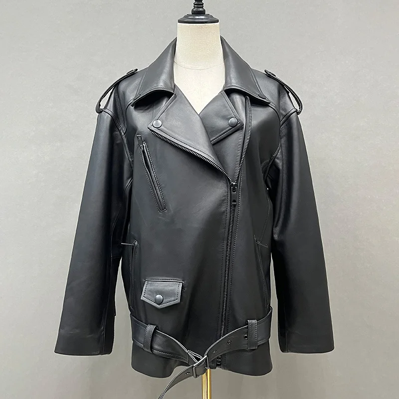 Sheepskin Leather Jacket 2023 Spring Autumn Leather Coat For Women Oversize Motorcycle Jacket TF5409