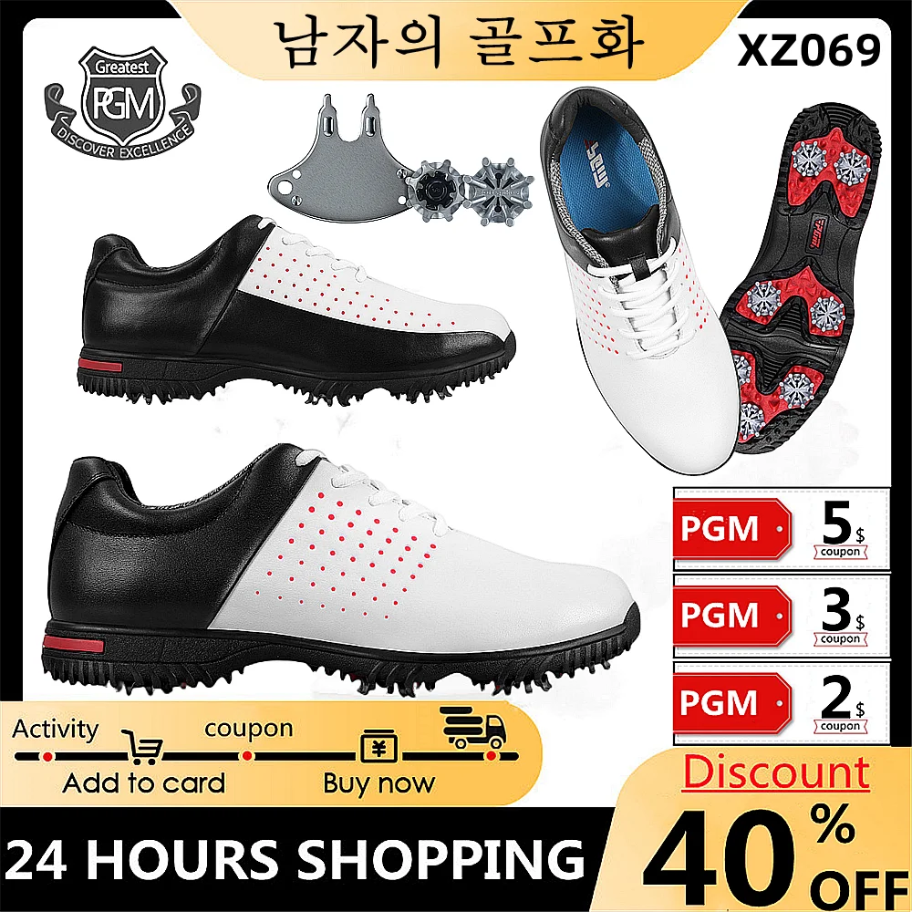 

PGM Golf Men'S Sneakers Waterproof Breathable Golf Sports Shoes Non-Slip Wear-Resistant Studs Microfiber Leather Shoes 골프화스니커즈