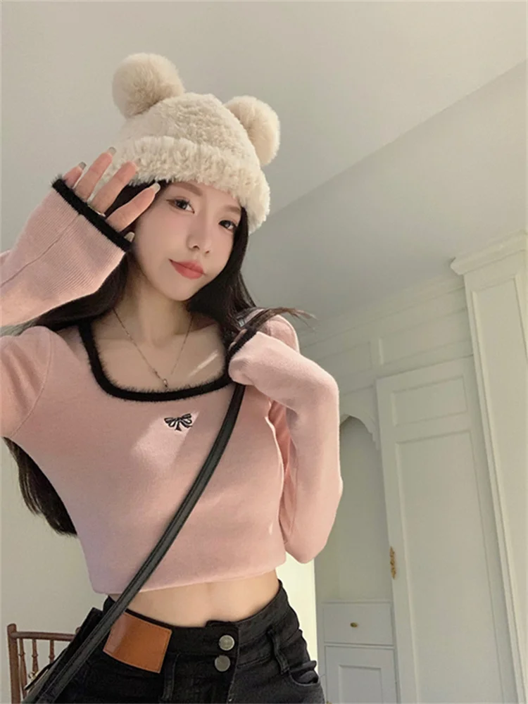 Autumn and Winter Slim fit Pink Square Collar Knit Women Soft Glutinous Inner wear Design Sense Base Sweater Western St... |