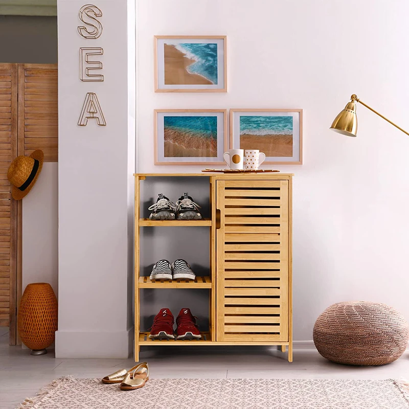 3 Tier Shelves with Door Bamboo Bathroom Storage Cabinet for Living Room Bedroom Kitchen